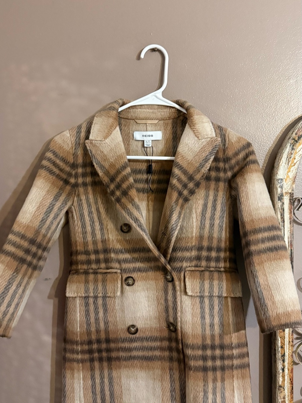 Reiss kids Tan and Cream Plaid Double-Breasted Coat